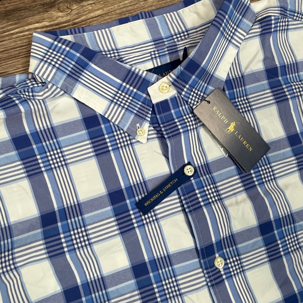 Ralph Lauren Mens Size 3XLT Button Down Shirt Blue Plaid Performance Wicking New
